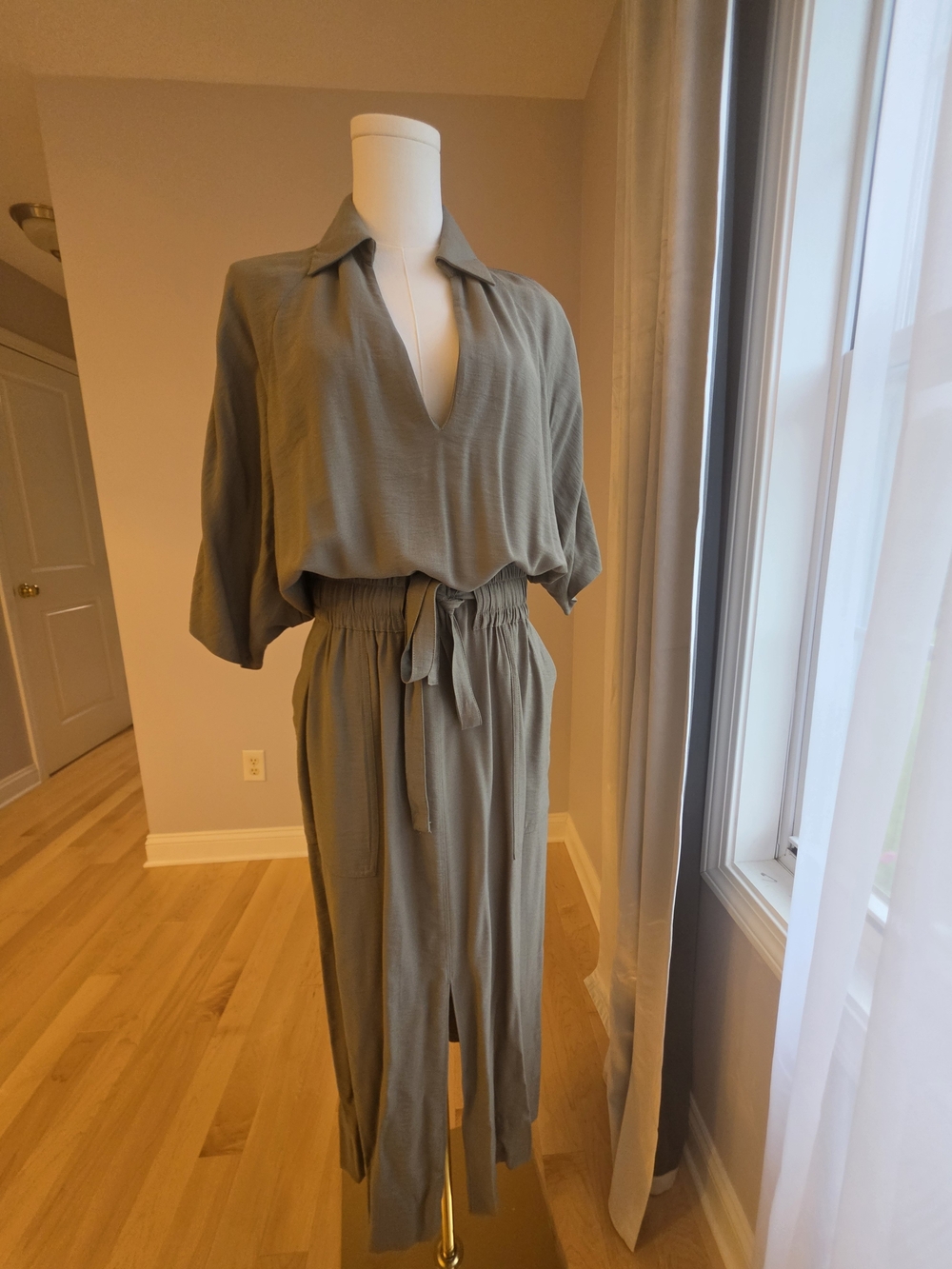 Reiss Olive Green V-Neck Tie-Waist Jumpsuit